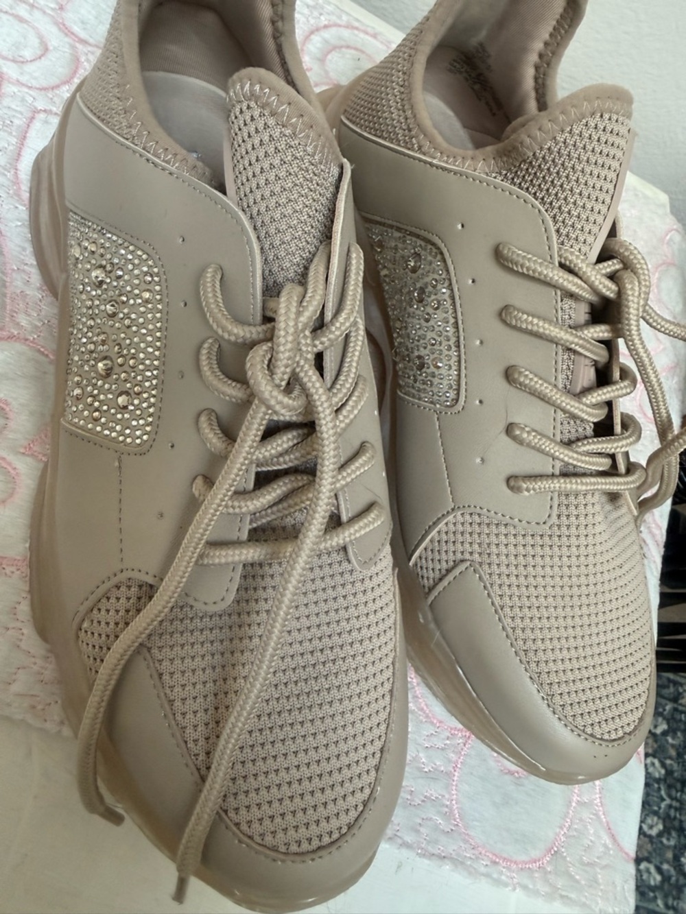 Steve Madden Brand New Never Worn Taupe Crystal-Embellished Sneakers